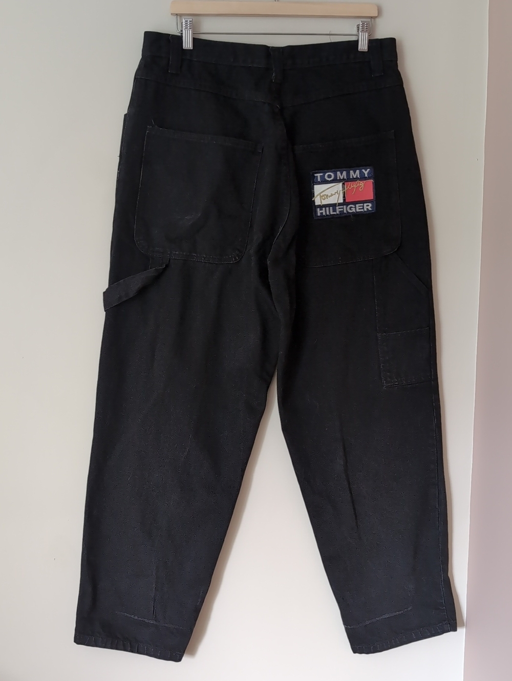 Vintage 90s Tommy Hilfiger Logo Patch Baggy Wide Leg Carpenter Jeans Black 36